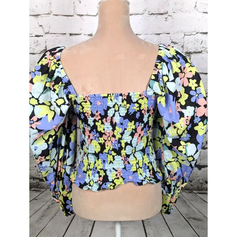 FREE PEOPLE Ariana Smocked Floral Top Boho Cottage Hippie Festival Cropped Small